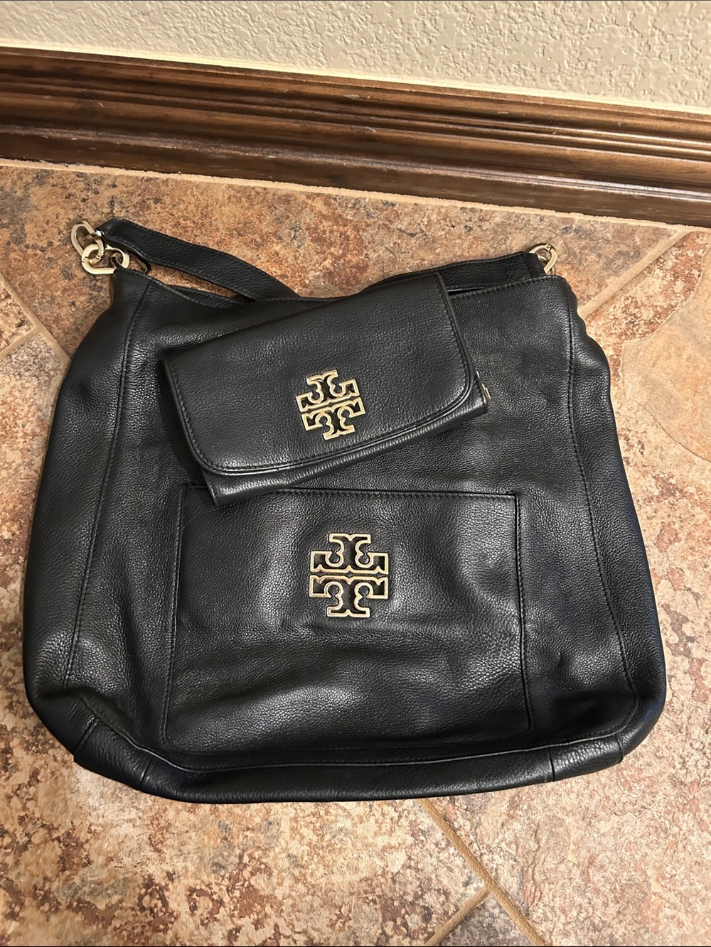 Tory Burch Black Leather Shoulder Tote with Gold Logo